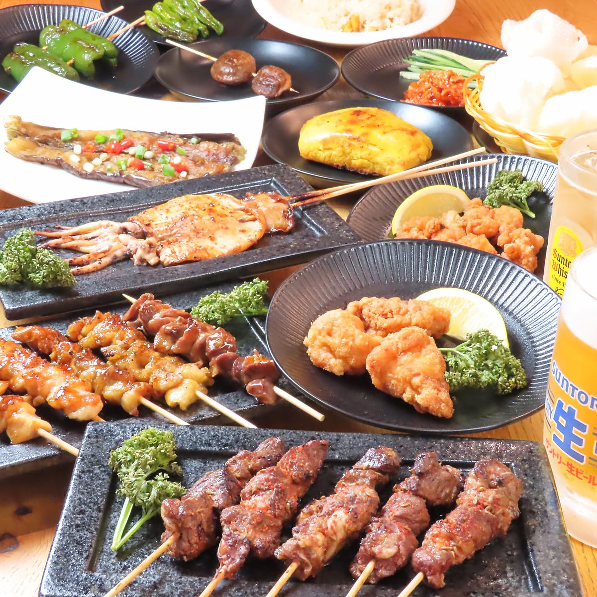 串焼き4種盛りやえびチャーハンなど全6品＋2H飲放⇒4620円(税込)