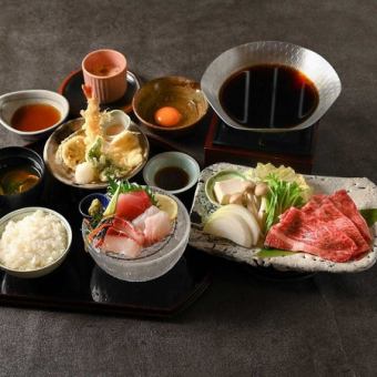Sashimi, tempura and Omi beef sukiyaki set meal