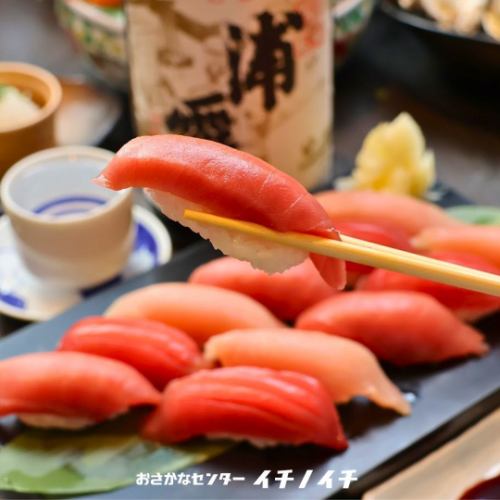 握りと地酒の競演。魚の旨みを日本酒が引き立てる。