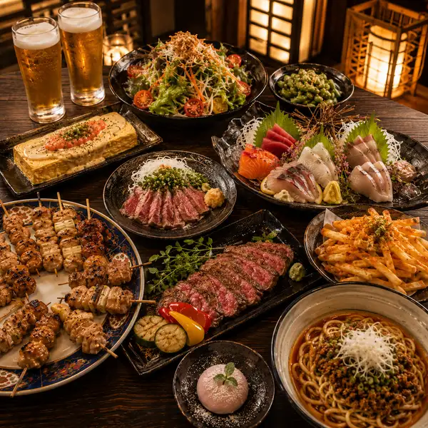 【3時間飲み放題付】炭火焼き鳥やトリュフポテト食べ放題×朝採れ鮮魚お造り含む『華』全8品4710円⇒3800円