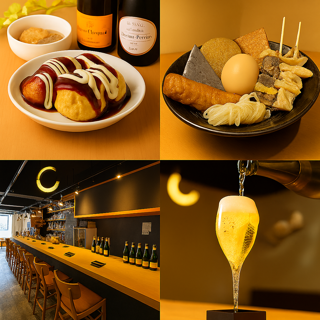 自慢のたこ焼きとシャンパンで月見酒を愉しむ♪雰囲気抜群のお洒落空間で今宵も乾杯！