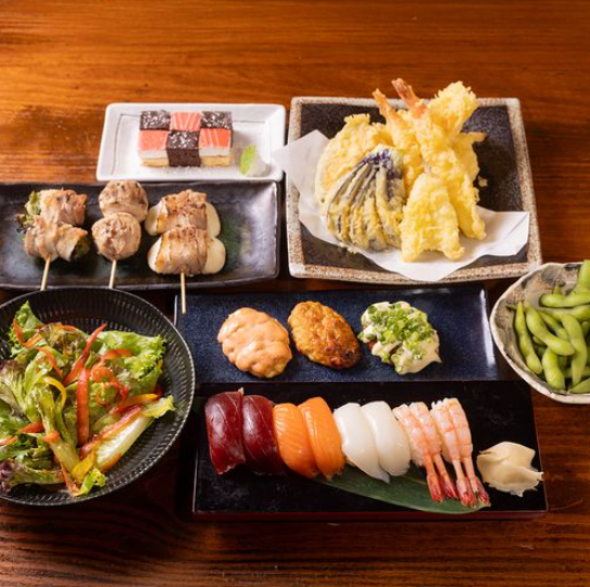 【オニハソトコース】寿司と天ぷらに自慢のつくね、やさい巻きも！飲み放題付き4000円(税込)