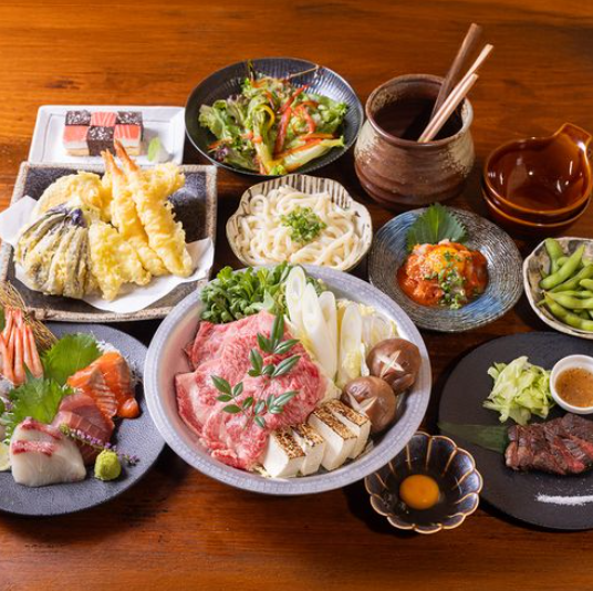 【極上コース】ハラミステーキ、上天ぷら盛りすき焼き鍋など！全9品飲み放題付き！5,000円（税込)