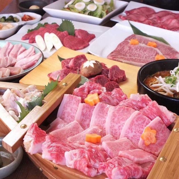 当日17時まで予約 豪華 肉の舟盛り付き 黒毛和牛堪能コース 1分 飲放 付全14品7000円 焼肉 まつおか 広島福山