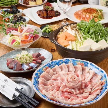 【３時間飲放題付】宮崎きなこ豚鍋コース◆名物藁焼き・お造り等全9品！生ビール付6000円(税込)