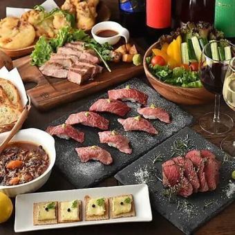 NEW "All-you-can-eat BBQ & Meat Sushi Course" 14 dishes including meat platter, 3 hours all-you-can-eat and drink included 6000 ⇒ 5000 yen tax included