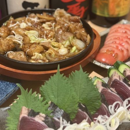 NEW【鉄板もつ焼き】コース　鉄板もつ焼き/串焼き3点/鰹のたたき　2.5時間飲み放題付き☆