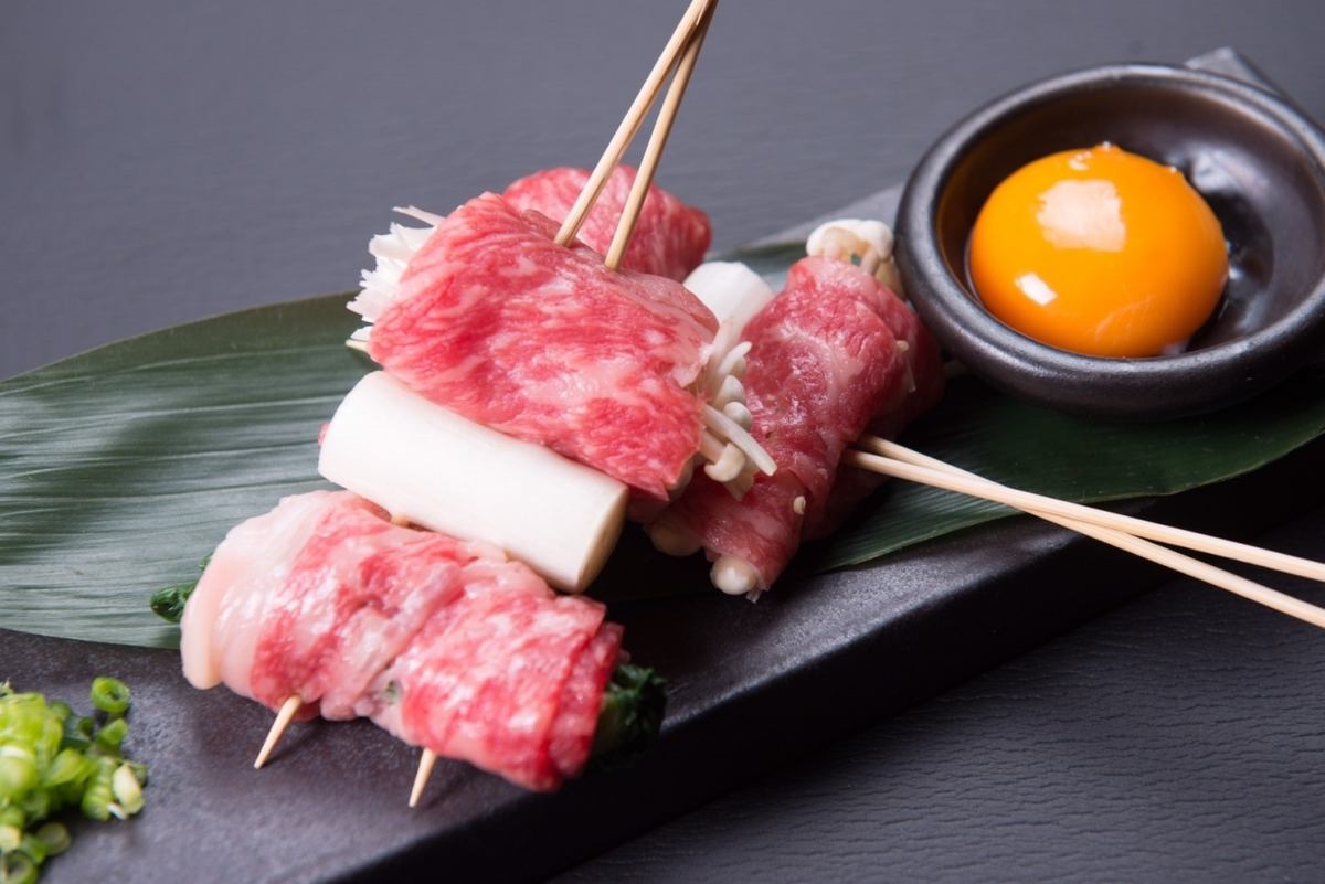 Sukiyaki Skewers: Top-quality Wagyu beef sirloin grilled sukiyaki style