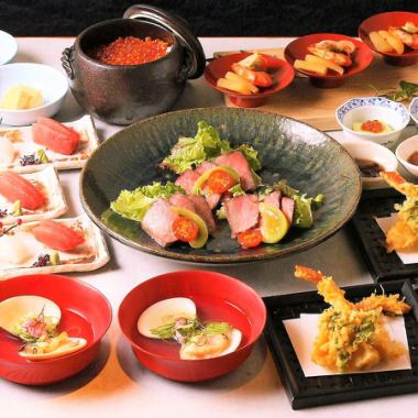 【美味(びみ)会席】本鮪や海老のお造り、ズワイ蟹と季節野菜の天麩羅など<全9品>【2h飲放付】