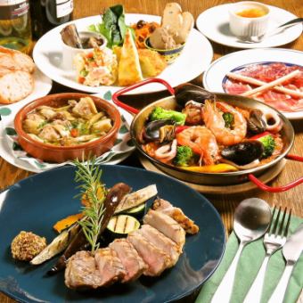 【西班牙套餐】4,850日元（含税）包含海鲜饭、烤肉和甜点