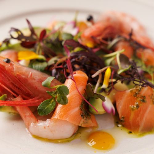 Shrimp, fresh fish and avocado carpaccio