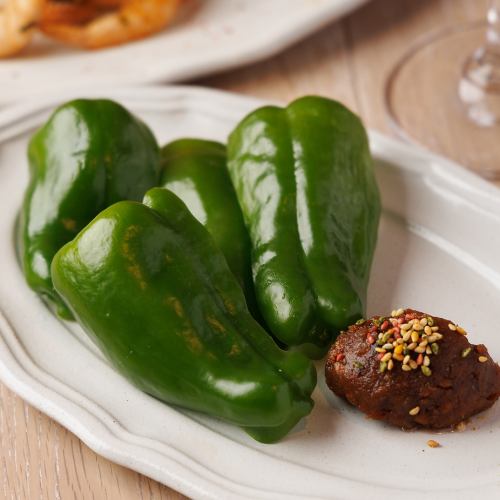 Crispy green peppers with homemade shrimp miso