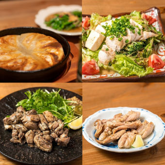 【やまぎわ手軽コース】2時間飲み放題付き 餃子,もも肉籠炙り焼き,サラダ等全6品4500円(税込)