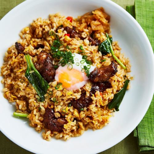 Rich fried rice with beef skirt steak and soft-boiled egg
