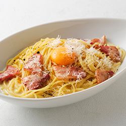 Rich carbonara made with Italian aged cheese