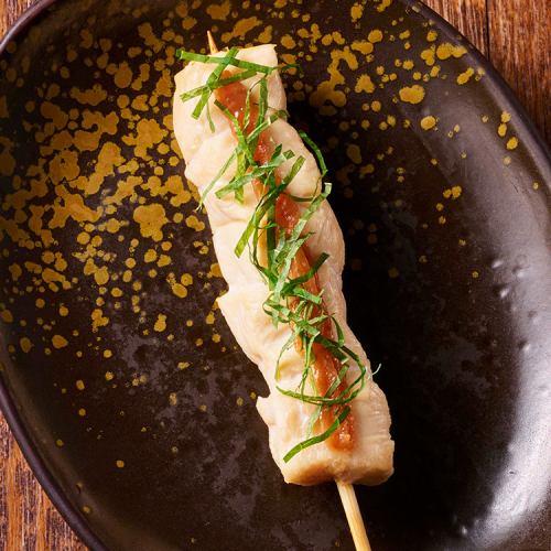 Domestic chicken fillet skewers with plum and shiso