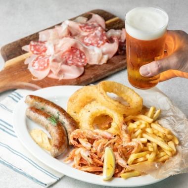 Includes 60 minutes of all-you-can-drink. Sausages and other snacks are also included, making it perfect for afterparties. All 5 dishes for 3,000 yen!
