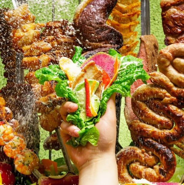 A new type of samgyeopsal where you can eat authentic churrasco, which is skewered meat, wrapped in seasonal wrapped vegetables.