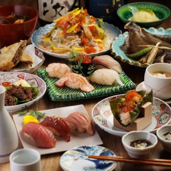 『千歳 -ちとせ-』コース／6000円◆本マグロ食べ比べ・握り5貫・かにいくら手巻・和牛2種等11品