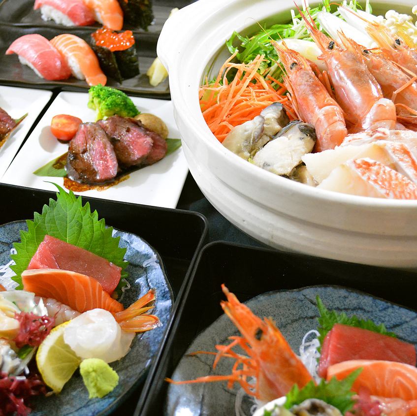 All-you-can-drink course of sashimi with abalone and seafood hotpot 5,000 yen