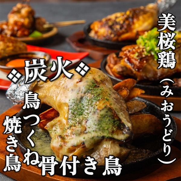 富士山・南アルプス麓で育つ美桜鶏（みおうどり）の一品も♪炭火鳥料理の食感シンフォニー♪