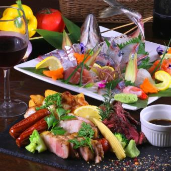 Meat and sashimi platter included ≪Luxurious double main course all-you-can-eat and drink≫ Sunday to Thursday unlimited 4,700 yen / Friday, Saturday and before holidays 5,000 yen for 2 hours