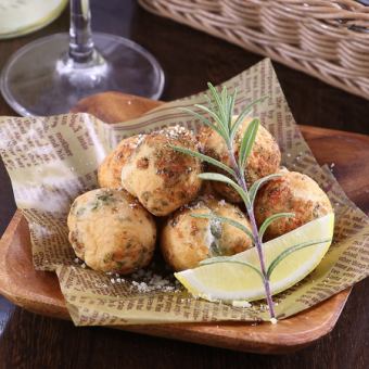 Zeppole with whitebait and seaweed