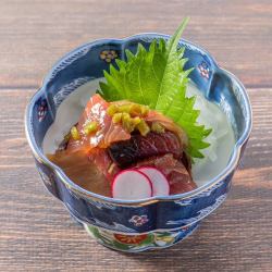 Various pickled fresh fish tossed in wasabi, kelp and soy sauce / Grilled cod roe