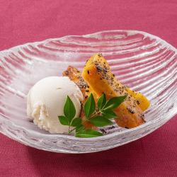 Buckwheat ice cream and candied sweet potato