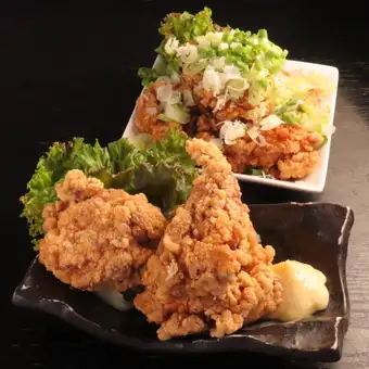 Homemade young chicken zangi with mini fries / Extra spicy zangi with mini fries / Zangi with green onion ponzu sauce