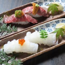 和牛海膽芥末握壽司，配柚子醋調味料 / 波浪形魷魚山椒葉鮭魚籽握壽司