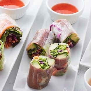 Raw ham and avocado spring rolls