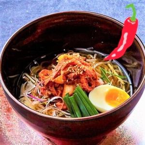 Yukhoe-style cold noodles with beef and kimchi