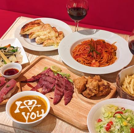 一番人気！【ポテト唐揚げ食べ放題】肉寿司など9品2時間飲み放題付きコース