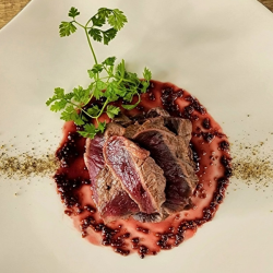 Roast venison ~Cassis and mustard sauce~