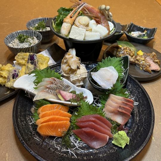 【海鮮コース】蟹・帆立入り海鮮陶板焼きつぶ付 刺身六点盛合せなど料理6品120分飲み放題