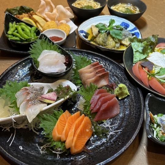 【刺盛コース】刺身五点盛・・おつまみ盛合せなど料理5品＋120分飲み放題
