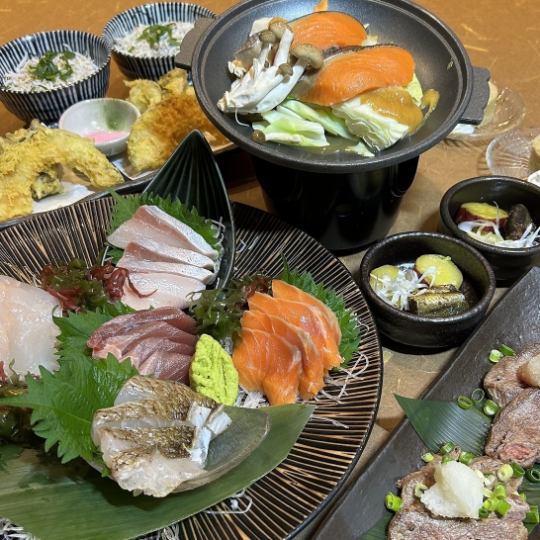 Starting in September, the Uokichi Course includes a five-piece sashimi platter, grilled salmon, and six other dishes, plus 120 minutes of all-you-can-drink.
