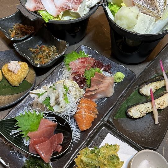 【3月より海鮮和牛コース】つぶ付き刺身六点・選べる鍋など料理6品+ビール飲み放題