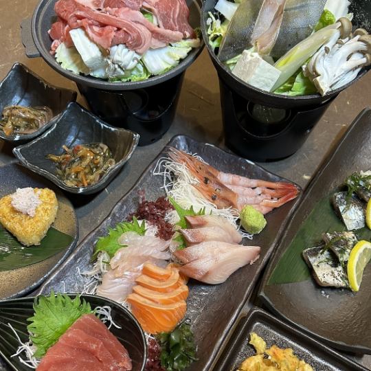 3月より　【魚吉コース】刺身五点盛合せ・えらべる鍋料理など料理6品　ビール飲み放題付