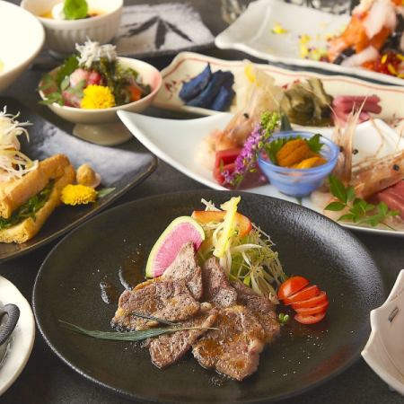 おすすめ★お造り3種盛りや豚バラ鉄板焼きorステーキ 【特選コース】 3時間飲み放題 9品 4,000円
