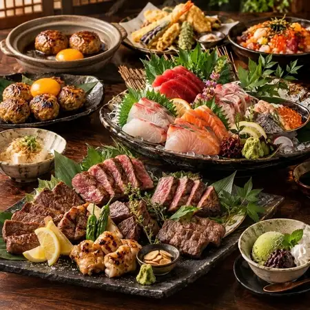 鮮魚5種盛りやお肉盛りor特選牛すきしゃぶに海鮮ちらし★【極コース】無制限飲み放題 8品6,500円