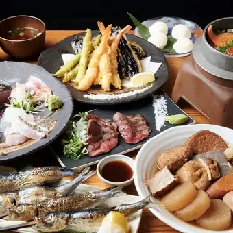 贅沢！2時間飲み放題＋藁焼付き刺身5種盛,おでん食べ放題,和牛イチボなど料理10品9000円→7000円