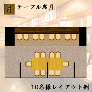 ≪席名称：月≫最大10名様まで着席可能な「テーブル席」靴を脱がずに使えるテーブル半個室席。テーブルをくっつけて、2名～10名様まで席を自由にご利用いただけます。ご家族でもご利用頂きやすいテーブル半個室席となっております。ご予約の際、「お座敷席・月」とご指定下さい。2名様以上のご利用可能となっております。