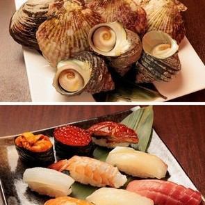 【圓住】生魚片、壽司、濱燒、及牛牛排8種豪華料理×無限暢飲120分鐘★6,500日圓（含稅）