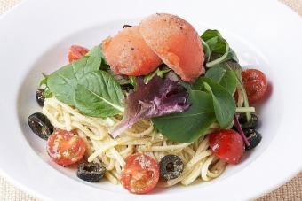 Calm pasta "Genovese" served with ripe tomato gelato