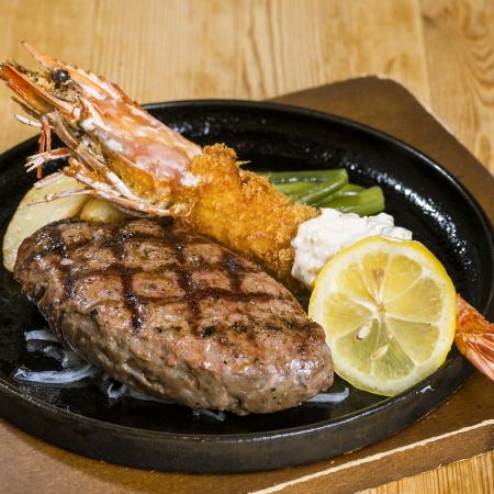 Butcher's Hamburger Steak & Hand-prepared Large Fried Shrimp with Head