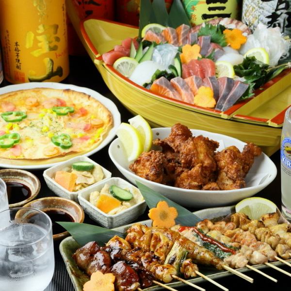 【舟盛りコース】　豪華！海鮮舟盛りや炭火焼鳥など全10品　プレミアム飲み放題付 6,000円税込