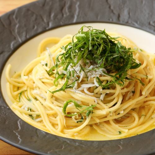 Japanese-style peperoncino with whitebait and perilla leaves