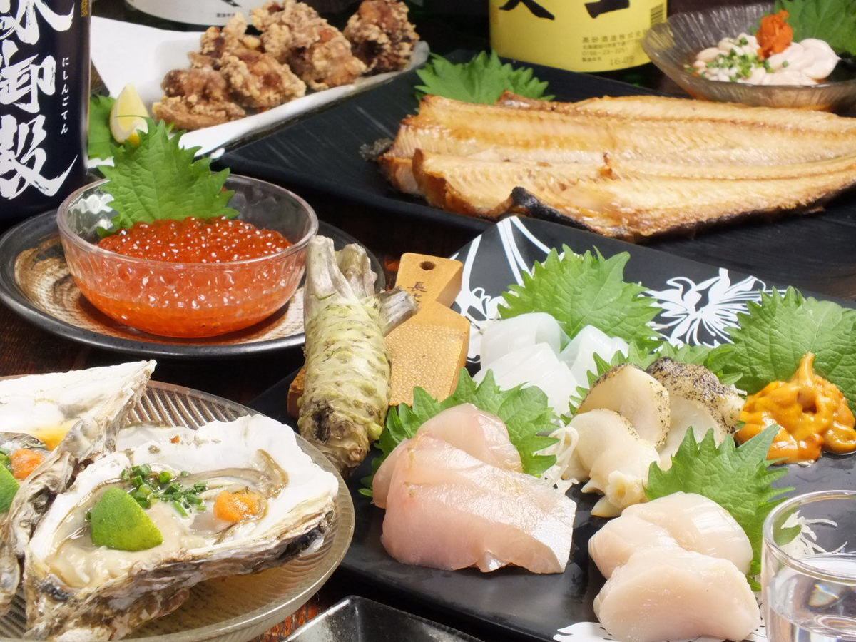 Please enjoy the luxurious fish and meat directly delivered in Hokkaido with an unlimited drinks course.